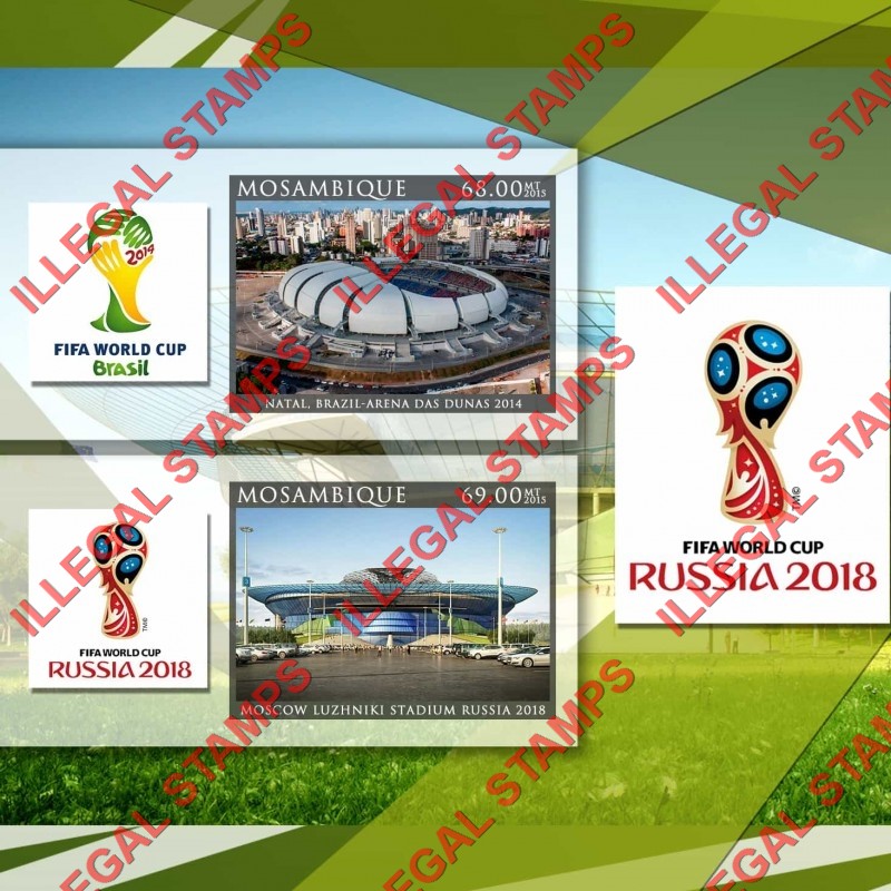 Mozambique 2015 FIFA World Cup Soccer in 2018 Stadiums Counterfeit Illegal Stamp Souvenir Sheet of 2 Mozambique 2015 FIFA World Cup Soccer in 2018 Stadiums Counterfeit Illegal Stamp Souvenir Sheet of 2