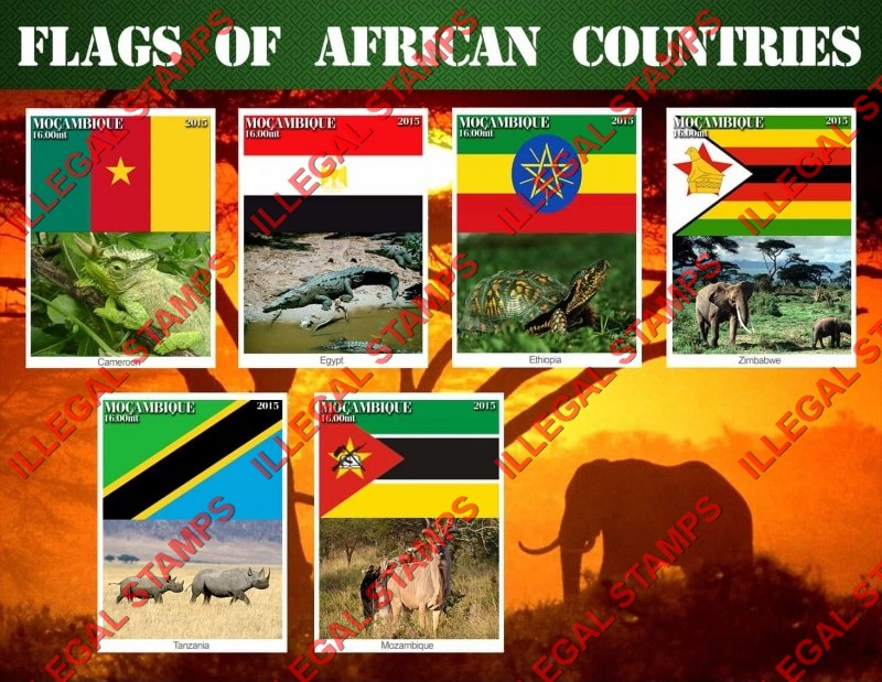 Mozambique 2015 Flags of African Countries and Fauna Counterfeit Illegal Stamp Souvenir Sheet of 3 Mozambique 2015 Flags of African Countries and Fauna Counterfeit Illegal Stamp Souvenir Sheet of 3