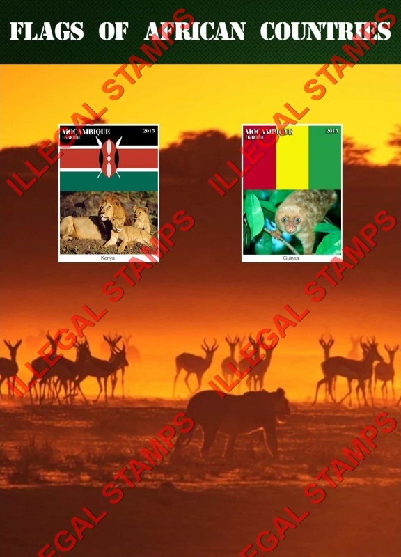 Mozambique 2015 Flags of African Countries and Fauna Counterfeit Illegal Stamp Souvenir Sheet of 2 Mozambique 2015 Flags of African Countries and Fauna Counterfeit Illegal Stamp Souvenir Sheet of 2