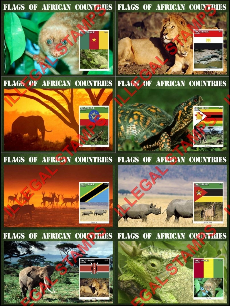 Mozambique 2015 Flags of African Countries and Fauna Counterfeit Illegal Stamp Souvenir Sheets of 1 Mozambique 2015 Flags of African Countries and Fauna Counterfeit Illegal Stamp Souvenir Sheets of 1