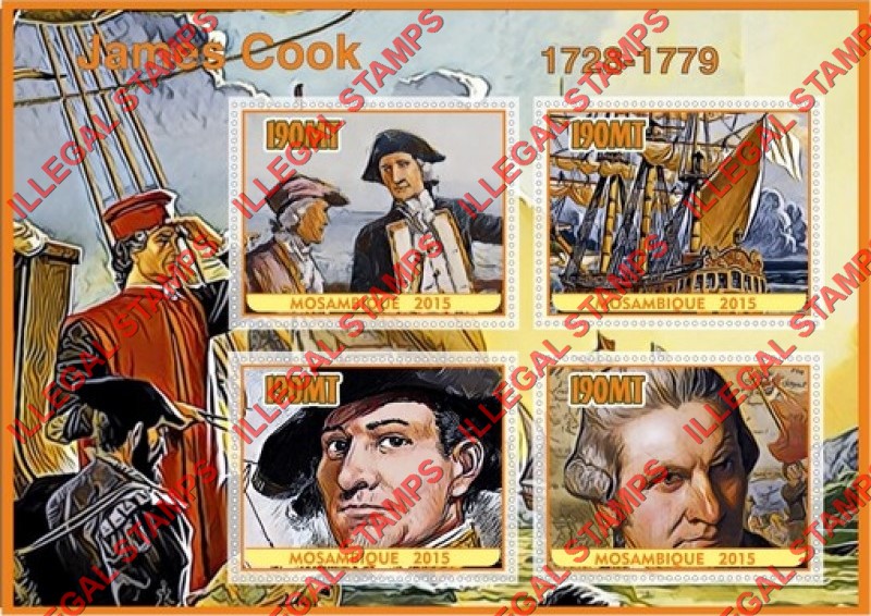 Mozambique 2015 James Cook Counterfeit Illegal Stamp Souvenir Sheet of 4 Mozambique 2015 James Cook Counterfeit Illegal Stamp Souvenir Sheet of 4