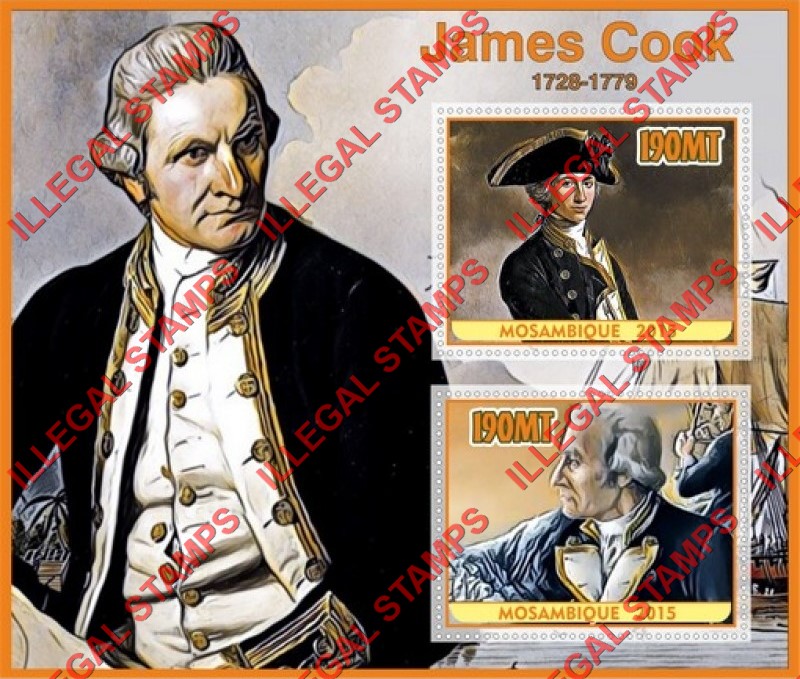 Mozambique 2015 James Cook Counterfeit Illegal Stamp Souvenir Sheet of 2 Mozambique 2015 James Cook Counterfeit Illegal Stamp Souvenir Sheet of 2