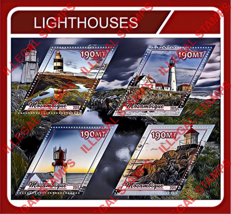 Mozambique 2015 Lighthouses (different) Counterfeit Illegal Stamp Souvenir Sheet of 4 Mozambique 2015 Lighthouses (different) Counterfeit Illegal Stamp Souvenir Sheet of 4