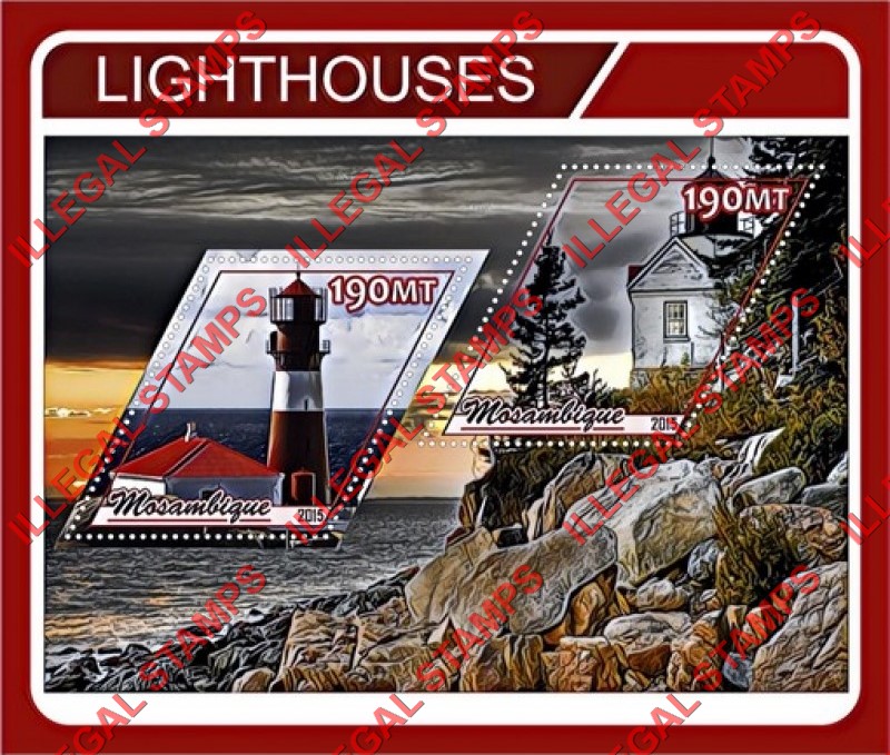 Mozambique 2015 Lighthouses (different) Counterfeit Illegal Stamp Souvenir Sheet of 2 Mozambique 2015 Lighthouses (different) Counterfeit Illegal Stamp Souvenir Sheet of 2