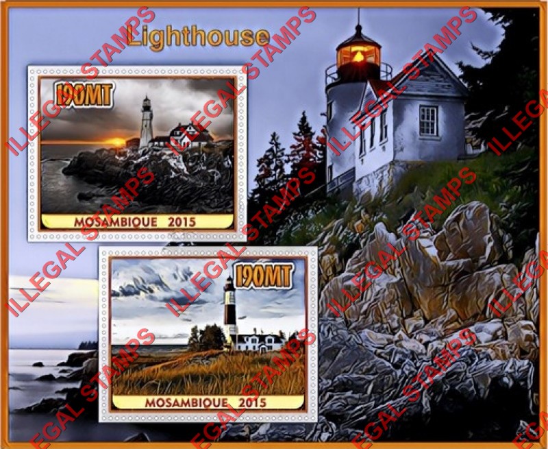 Mozambique 2015 Lighthouses Counterfeit Illegal Stamp Souvenir Sheet of 2 Mozambique 2015 Lighthouses Counterfeit Illegal Stamp Souvenir Sheet of 2