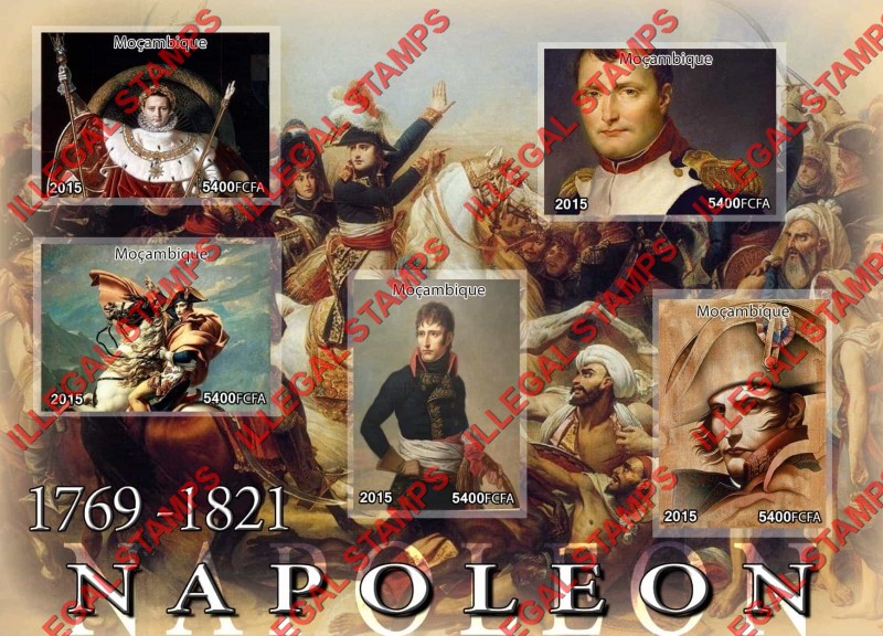 Mozambique 2015 Napoleon Bonaparte Counterfeit Illegal Stamp Souvenir Sheet of 5 Mozambique 2015 Napoleon Bonaparte Counterfeit Illegal Stamp Souvenir Sheet of 5