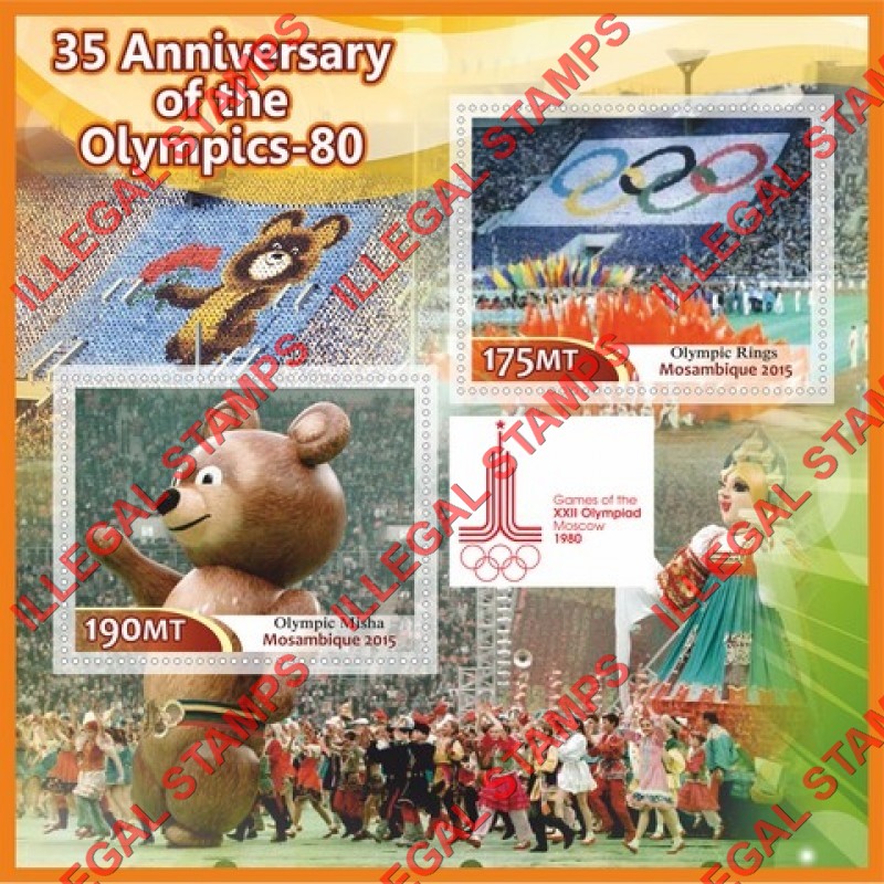 Mozambique 2015 Olympic Games in Moscow in 1980 Counterfeit Illegal Stamp Souvenir Sheet of 2 Mozambique 2015 Olympic Games in Moscow in 1980 Counterfeit Illegal Stamp Souvenir Sheet of 2