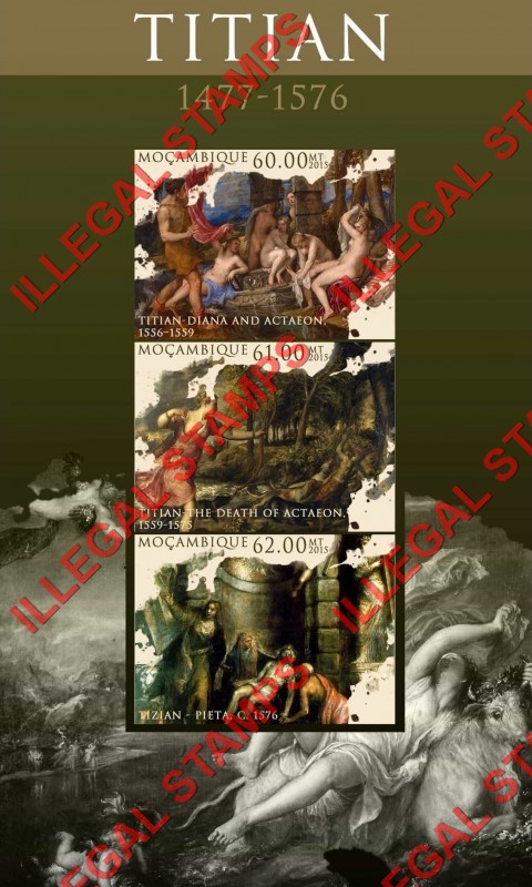 Mozambique 2015 Paintings by Titian Counterfeit Illegal Stamp Souvenir Sheet of 3 Mozambique 2015 Paintings by Titian Counterfeit Illegal Stamp Souvenir Sheet of 3