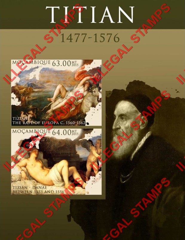 Mozambique 2015 Paintings by Titian Counterfeit Illegal Stamp Souvenir Sheet of 2 Mozambique 2015 Paintings by Titian Counterfeit Illegal Stamp Souvenir Sheet of 2