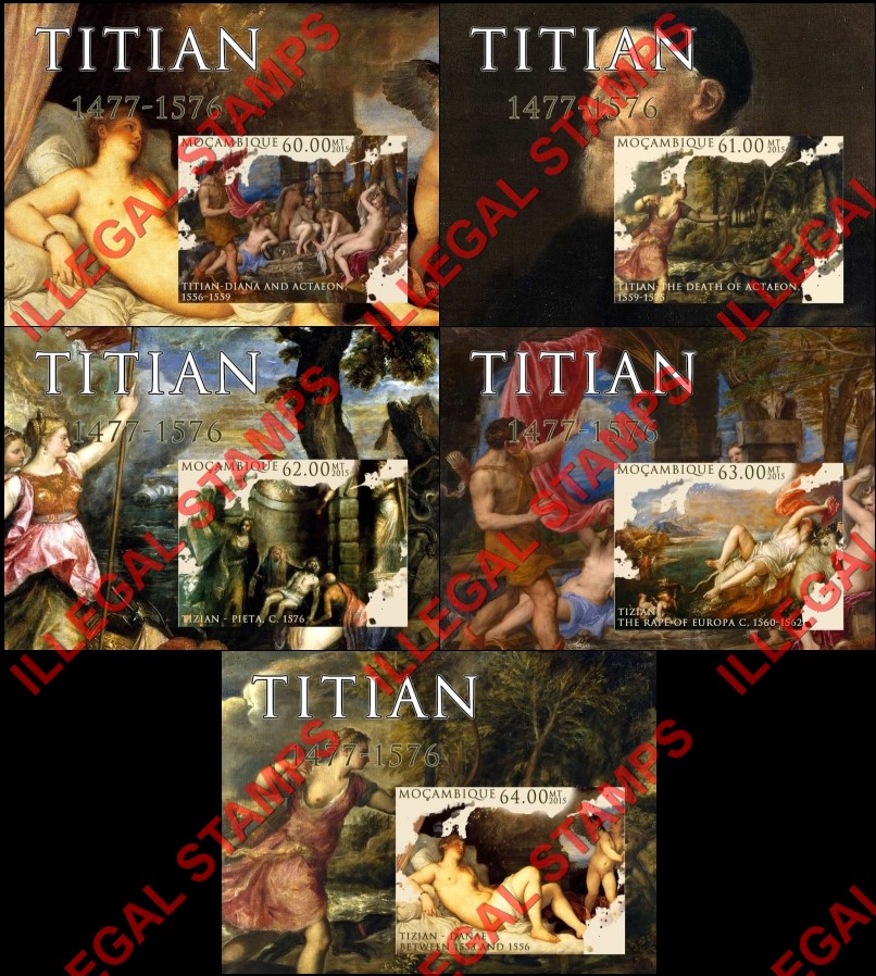 Mozambique 2015 Paintings by Titian Counterfeit Illegal Stamp Souvenir Sheets of 1 Mozambique 2015 Paintings by Titian Counterfeit Illegal Stamp Souvenir Sheets of 1