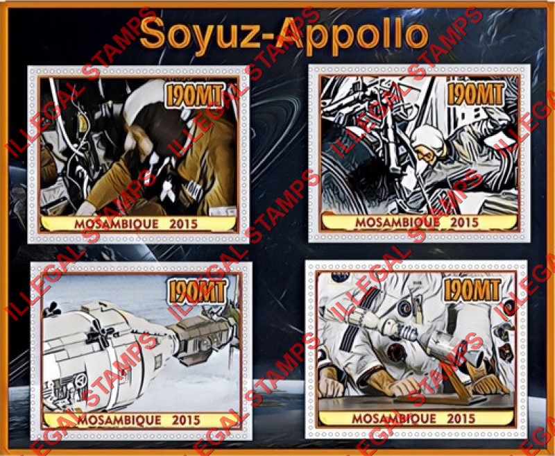 Mozambique 2015 Space Apollo Soyuz Counterfeit Illegal Stamp Souvenir Sheet of 4 Mozambique 2015 Space Apollo Soyuz Counterfeit Illegal Stamp Souvenir Sheet of 4