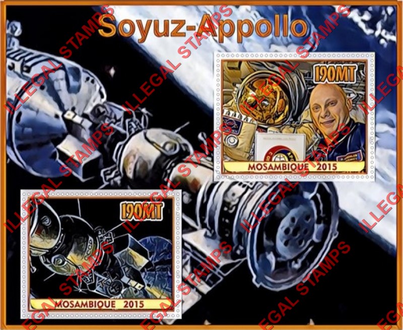Mozambique 2015 Space Apollo Soyuz Counterfeit Illegal Stamp Souvenir Sheet of 2 Mozambique 2015 Space Apollo Soyuz Counterfeit Illegal Stamp Souvenir Sheet of 2