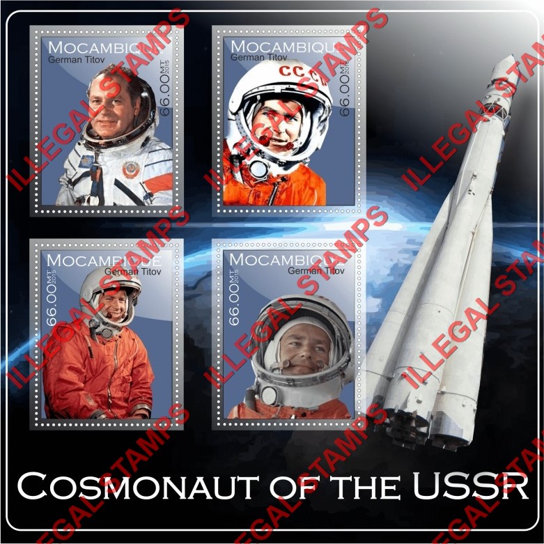Mozambique 2015 Space Cosmonaut German Titov Counterfeit Illegal Stamp Souvenir Sheet of 4 Mozambique 2015 Space Cosmonaut German Titov Counterfeit Illegal Stamp Souvenir Sheet of 4