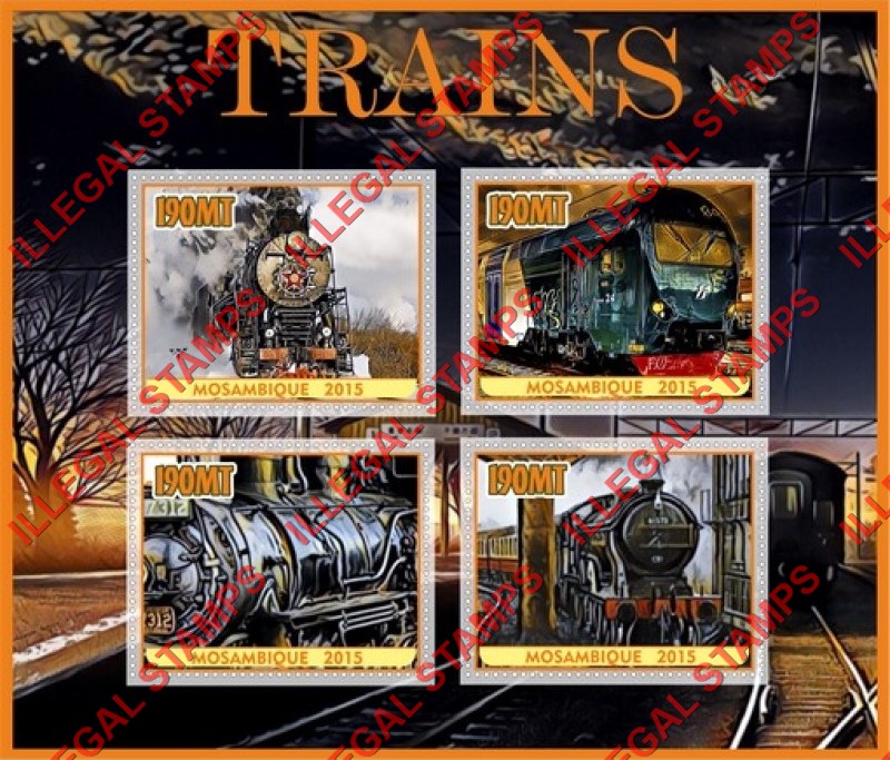 Mozambique 2015 Trains Counterfeit Illegal Stamp Souvenir Sheet of 4 Mozambique 2015 Trains Counterfeit Illegal Stamp Souvenir Sheet of 4
