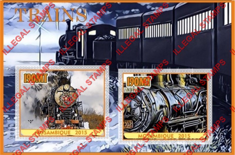 Mozambique 2015 Trains Counterfeit Illegal Stamp Souvenir Sheet of 2 Mozambique 2015 Trains Counterfeit Illegal Stamp Souvenir Sheet of 2