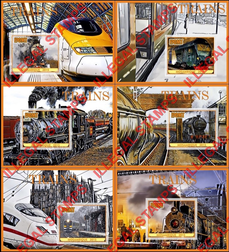 Mozambique 2015 Trains Counterfeit Illegal Stamp Souvenir Sheets of 1 Mozambique 2015 Trains Counterfeit Illegal Stamp Souvenir Sheets of 1