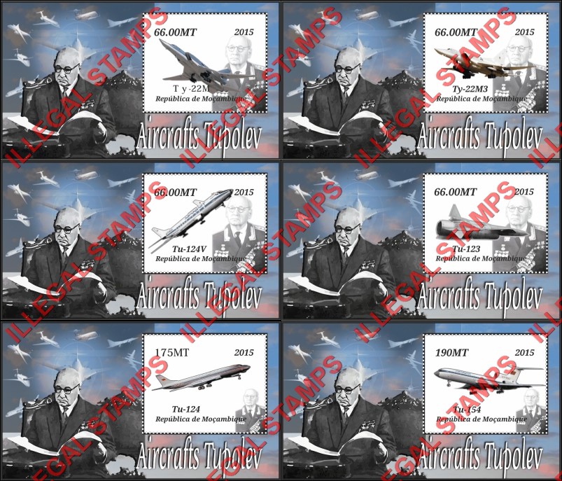 Mozambique 2015 Tupolev Aircraft (different) Counterfeit Illegal Stamp Souvenir Sheets of 1 Mozambique 2015 Tupolev Aircraft (different) Counterfeit Illegal Stamp Souvenir Sheets of 1