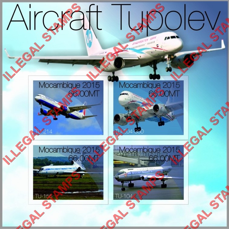 Mozambique 2015 Tupolev Aircraft Counterfeit Illegal Stamp Souvenir Sheet of 4 Mozambique 2015 Tupolev Aircraft Counterfeit Illegal Stamp Souvenir Sheet of 4