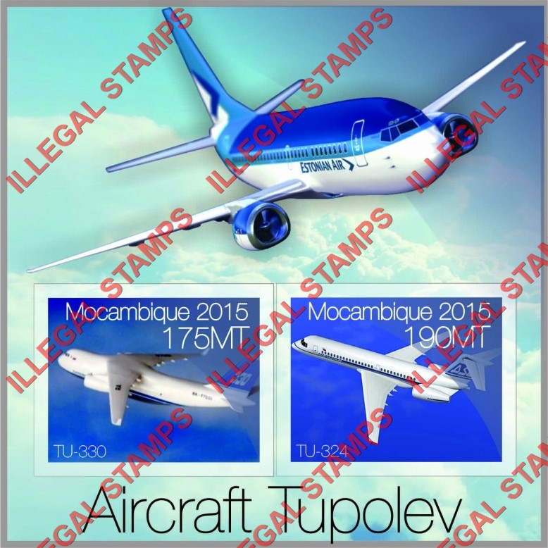 Mozambique 2015 Tupolev Aircraft Counterfeit Illegal Stamp Souvenir Sheet of 2 Mozambique 2015 Tupolev Aircraft Counterfeit Illegal Stamp Souvenir Sheet of 2