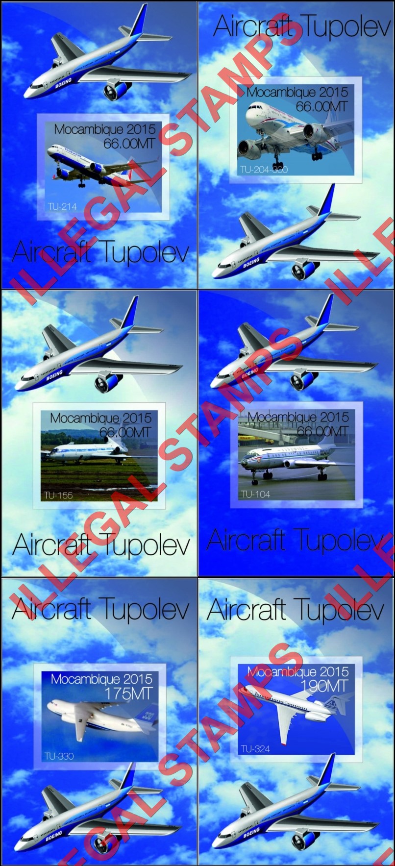 Mozambique 2015 Tupolev Aircraft Counterfeit Illegal Stamp Souvenir Sheets of 1 Mozambique 2015 Tupolev Aircraft Counterfeit Illegal Stamp Souvenir Sheets of 1