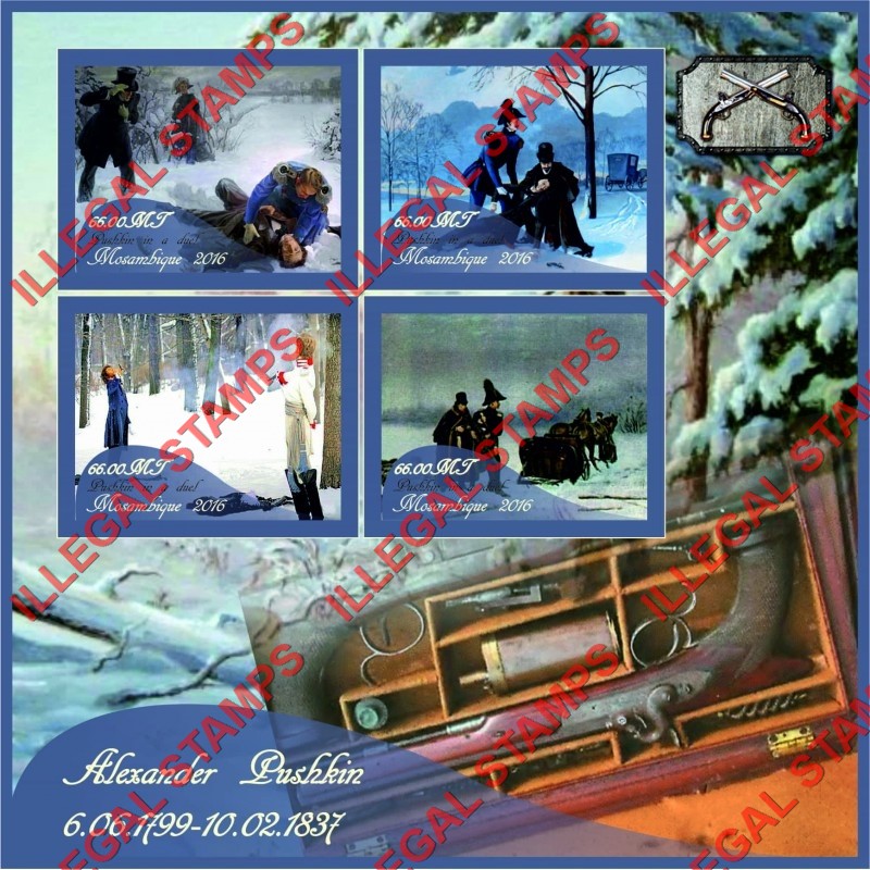 Mozambique 2016 Alexander Pushkin Last Duel Counterfeit Illegal Stamp Souvenir Sheet of 4 Mozambique 2016 Alexander Pushkin Last Duel Counterfeit Illegal Stamp Souvenir Sheet of 4