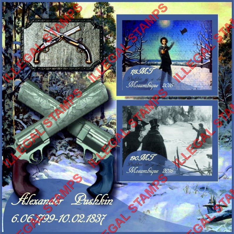 Mozambique 2016 Alexander Pushkin Last Duel Counterfeit Illegal Stamp Souvenir Sheet of 2 Mozambique 2016 Alexander Pushkin Last Duel Counterfeit Illegal Stamp Souvenir Sheet of 2