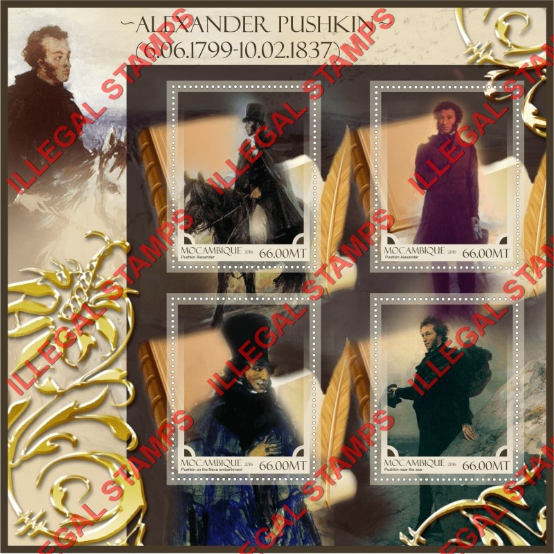 Mozambique 2016 Alexander Pushkin Counterfeit Illegal Stamp Souvenir Sheet of 4 Mozambique 2016 Alexander Pushkin Counterfeit Illegal Stamp Souvenir Sheet of 4