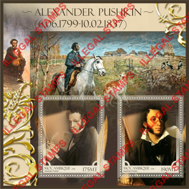 Mozambique 2016 Alexander Pushkin Counterfeit Illegal Stamp Souvenir Sheet of 2 Mozambique 2016 Alexander Pushkin Counterfeit Illegal Stamp Souvenir Sheet of 2