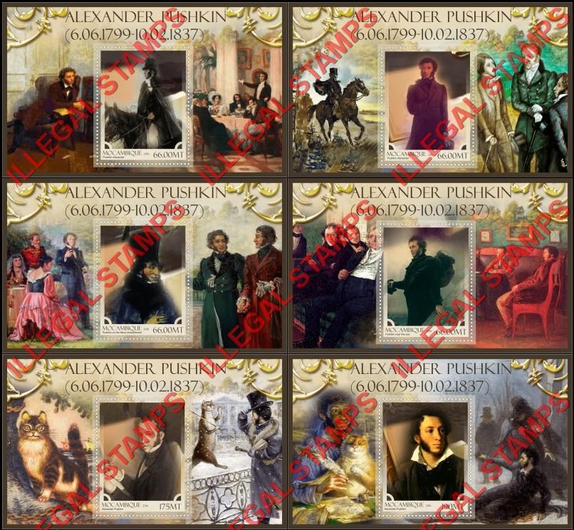 Mozambique 2016 Alexander Pushkin Counterfeit Illegal Stamp Souvenir Sheets of 1 Mozambique 2016 Alexander Pushkin Counterfeit Illegal Stamp Souvenir Sheets of 1
