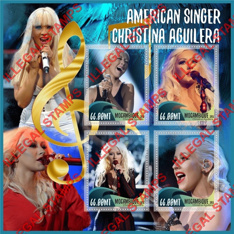 Mozambique 2016 Christina Aguilera Counterfeit Illegal Stamp Souvenir Sheet of 4 Mozambique 2016 Christina Aguilera Counterfeit Illegal Stamp Souvenir Sheet of 4