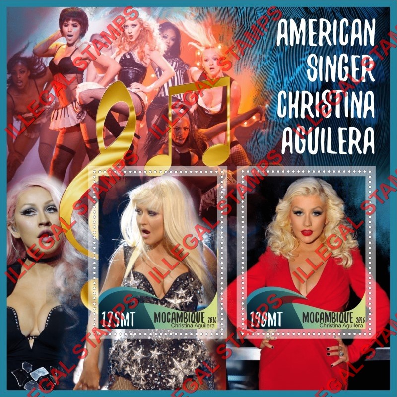 Mozambique 2016 Christina Aguilera Counterfeit Illegal Stamp Souvenir Sheet of 2 Mozambique 2016 Christina Aguilera Counterfeit Illegal Stamp Souvenir Sheet of 2