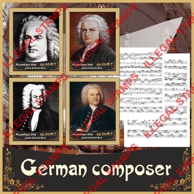 Mozambique 2016 Composer Johann Sebastian Bach Counterfeit Illegal Stamp Souvenir Sheet of 4 Mozambique 2016 Composer Johann Sebastian Bach Counterfeit Illegal Stamp Souvenir Sheet of 4