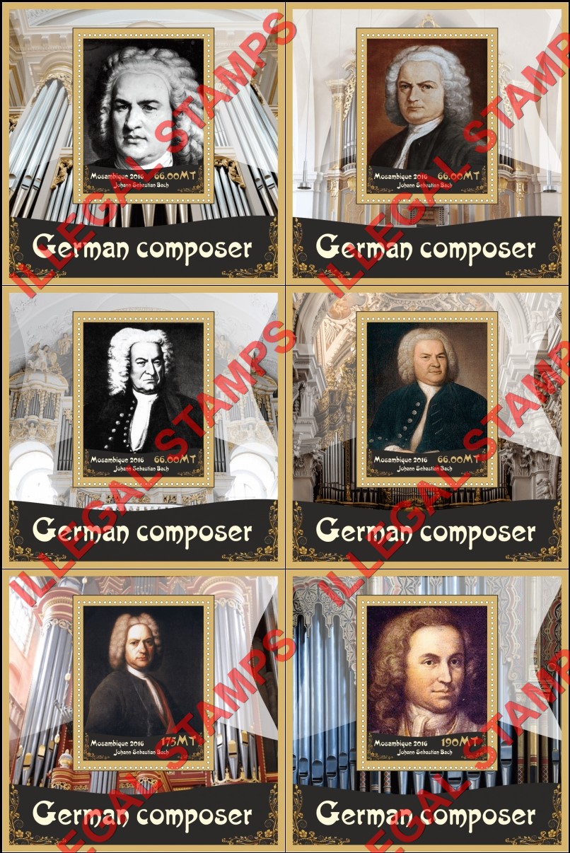 Mozambique 2016 Composer Johann Sebastian Bach Counterfeit Illegal Stamp Souvenir Sheets of 1 Mozambique 2016 Composer Johann Sebastian Bach Counterfeit Illegal Stamp Souvenir Sheets of 1