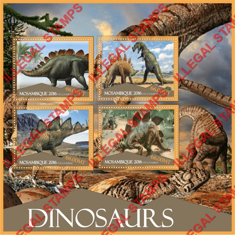 Mozambique 2016 Dinosaurs Counterfeit Illegal Stamp Souvenir Sheet of 4 Mozambique 2016 Dinosaurs Counterfeit Illegal Stamp Souvenir Sheet of 4