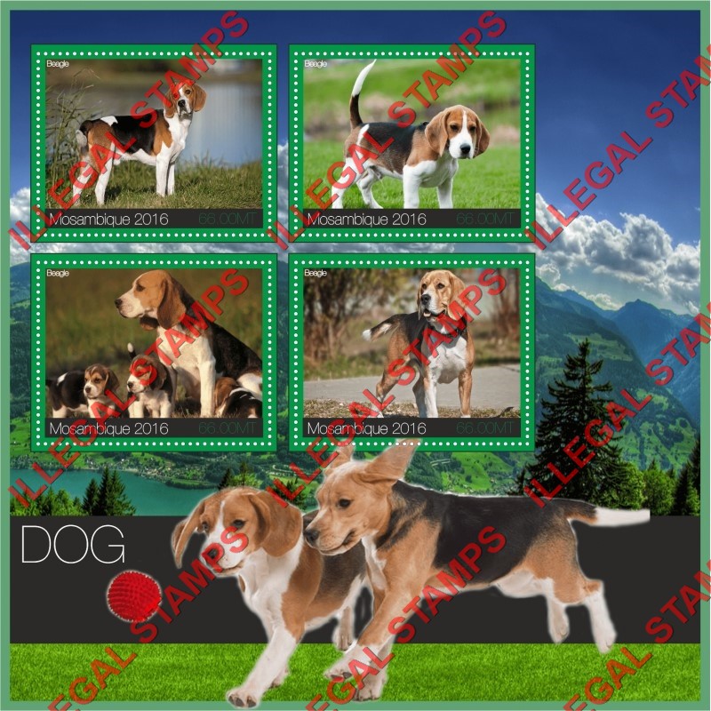 Mozambique 2016 Dogs Beagles Counterfeit Illegal Stamp Souvenir Sheet of 4 Mozambique 2016 Dogs Beagles Counterfeit Illegal Stamp Souvenir Sheet of 4