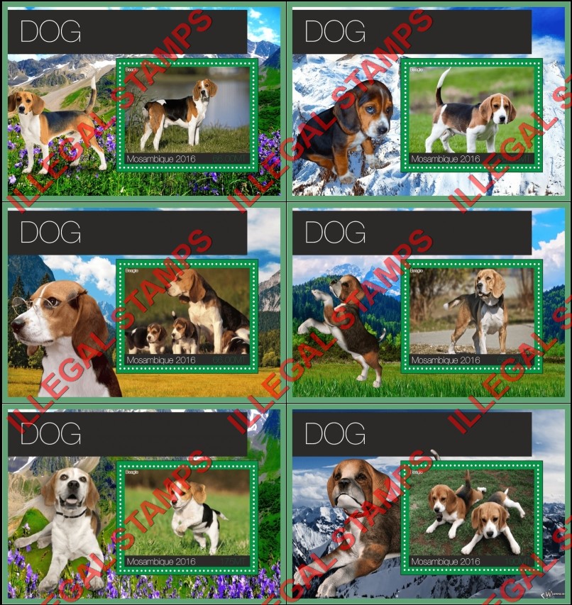 Mozambique 2016 Dogs Beagles Counterfeit Illegal Stamp Souvenir Sheets of 1 Mozambique 2016 Dogs Beagles Counterfeit Illegal Stamp Souvenir Sheets of 1