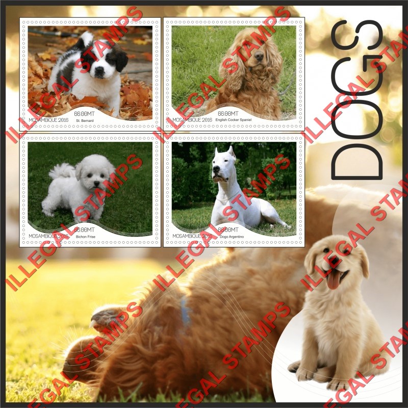 Mozambique 2016 Dogs (different a) Counterfeit Illegal Stamp Souvenir Sheet of 4 Mozambique 2016 Dogs (different a) Counterfeit Illegal Stamp Souvenir Sheet of 4