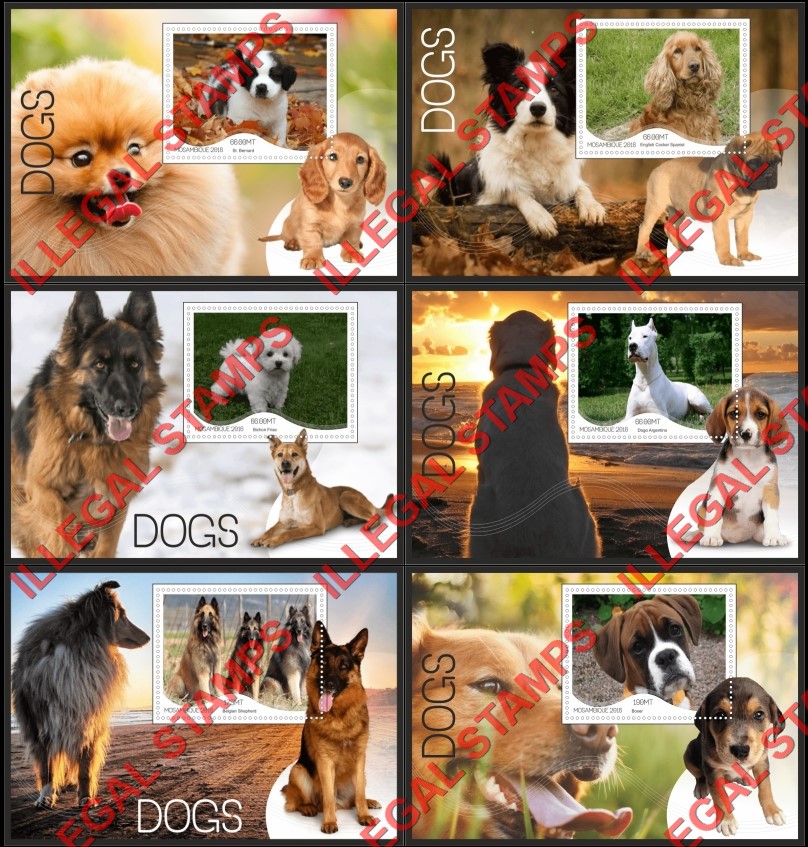 Mozambique 2016 Dogs (different a) Counterfeit Illegal Stamp Souvenir Sheets of 1 Mozambique 2016 Dogs (different a) Counterfeit Illegal Stamp Souvenir Sheets of 1