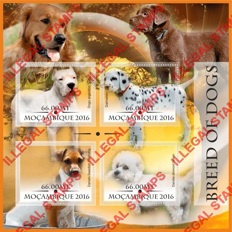 Mozambique 2016 Dogs (different) Counterfeit Illegal Stamp Souvenir Sheet of 4 Mozambique 2016 Dogs (different) Counterfeit Illegal Stamp Souvenir Sheet of 4