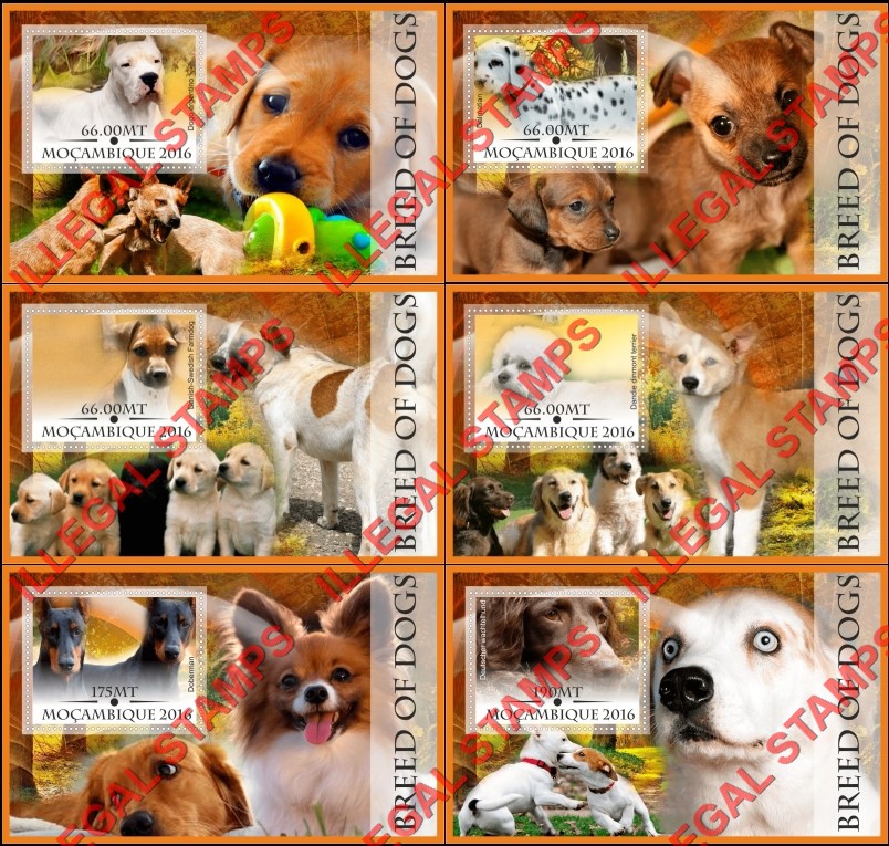 Mozambique 2016 Dogs (different) Counterfeit Illegal Stamp Souvenir Sheets of 1 Mozambique 2016 Dogs (different) Counterfeit Illegal Stamp Souvenir Sheets of 1
