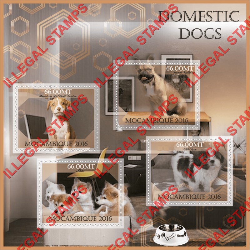 Mozambique 2016 Dogs Counterfeit Illegal Stamp Souvenir Sheet of 4 Mozambique 2016 Dogs Counterfeit Illegal Stamp Souvenir Sheet of 4