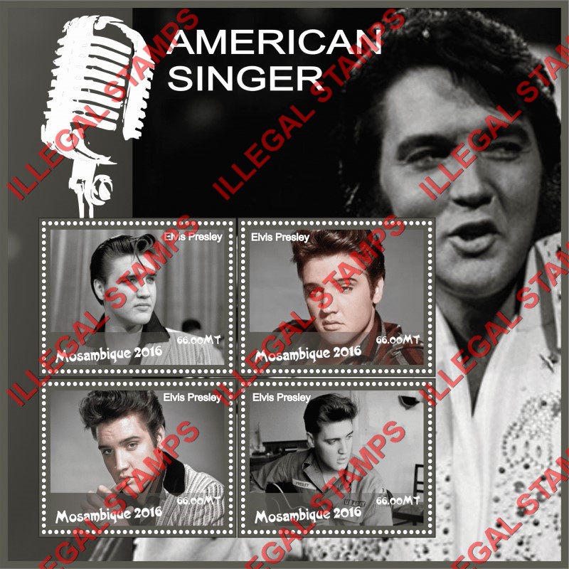Mozambique 2016 Elvis Presley Counterfeit Illegal Stamp Souvenir Sheet of 4 Mozambique 2016 Elvis Presley Counterfeit Illegal Stamp Souvenir Sheet of 4
