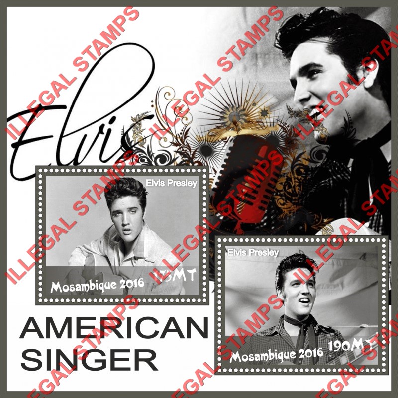 Mozambique 2016 Elvis Presley Counterfeit Illegal Stamp Souvenir Sheet of 2 Mozambique 2016 Elvis Presley Counterfeit Illegal Stamp Souvenir Sheet of 2
