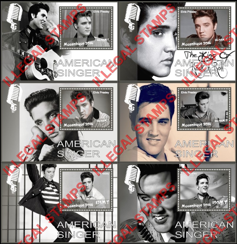 Mozambique 2016 Elvis Presley Counterfeit Illegal Stamp Souvenir Sheets of 1 Mozambique 2016 Elvis Presley Counterfeit Illegal Stamp Souvenir Sheets of 1