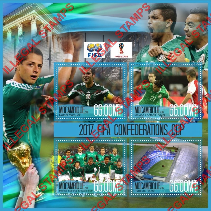 Mozambique 2016 FIFA Confederations Cup Soccer in 2017 Counterfeit Illegal Stamp Souvenir Sheet of 4 Mozambique 2016 FIFA Confederations Cup Soccer in 2017 Counterfeit Illegal Stamp Souvenir Sheet of 4