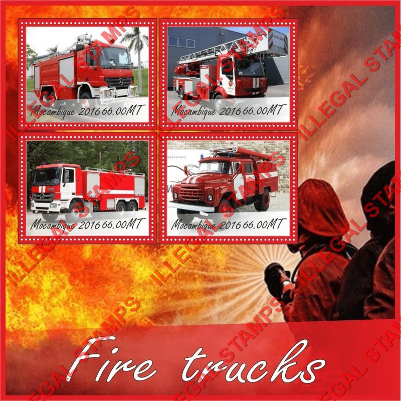 Mozambique 2016 Fire Trucks Counterfeit Illegal Stamp Souvenir Sheet of 4 Mozambique 2016 Fire Trucks Counterfeit Illegal Stamp Souvenir Sheet of 4