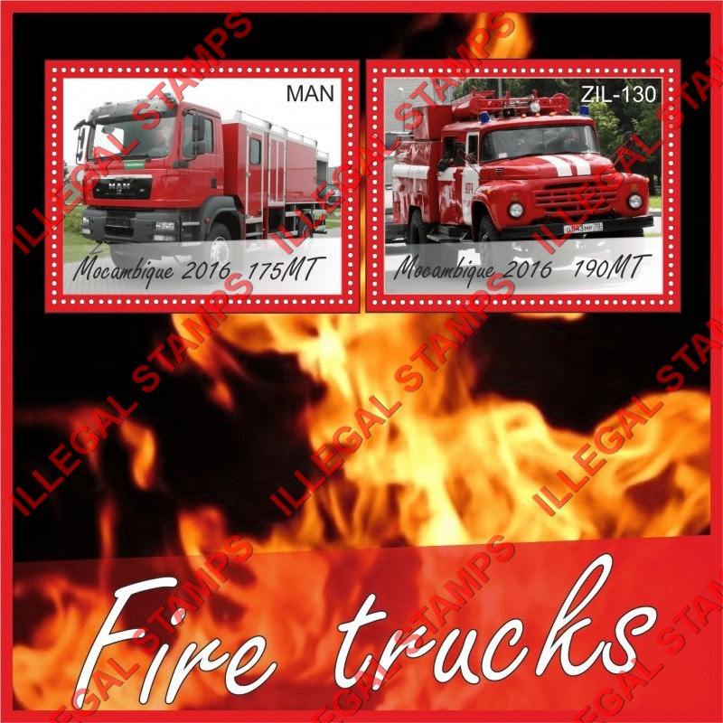 Mozambique 2016 Fire Trucks Counterfeit Illegal Stamp Souvenir Sheet of 2 Mozambique 2016 Fire Trucks Counterfeit Illegal Stamp Souvenir Sheet of 2