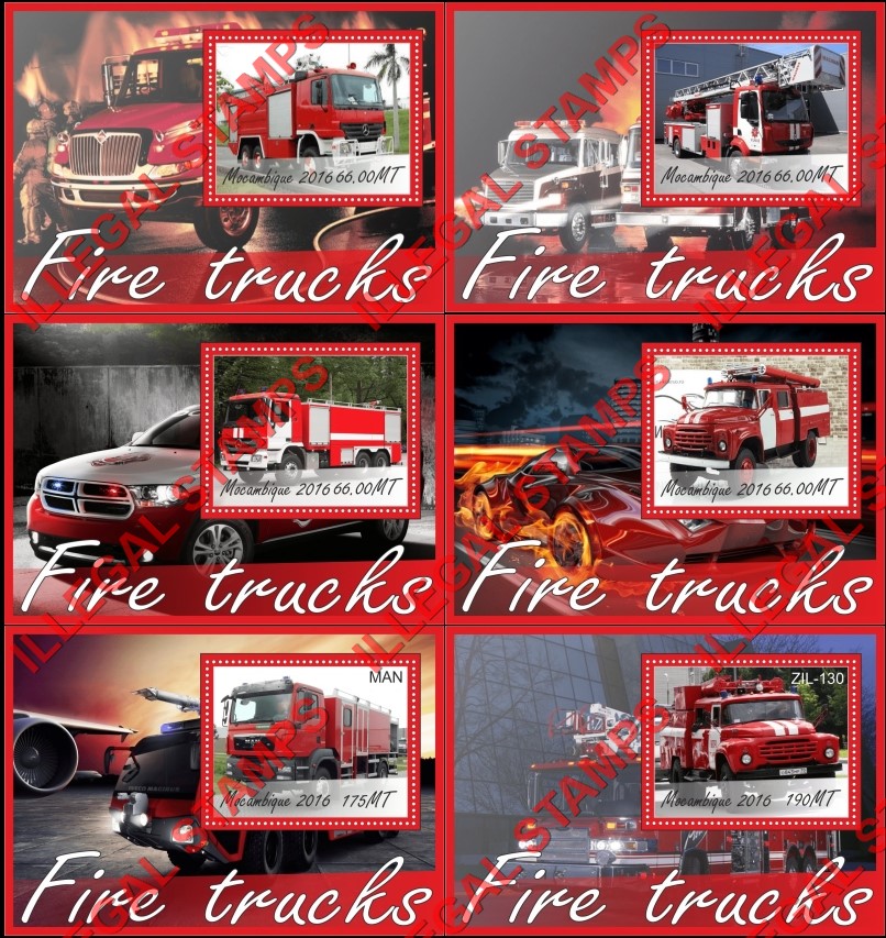 Mozambique 2016 Fire Trucks Counterfeit Illegal Stamp Souvenir Sheets of 1 Mozambique 2016 Fire Trucks Counterfeit Illegal Stamp Souvenir Sheets of 1