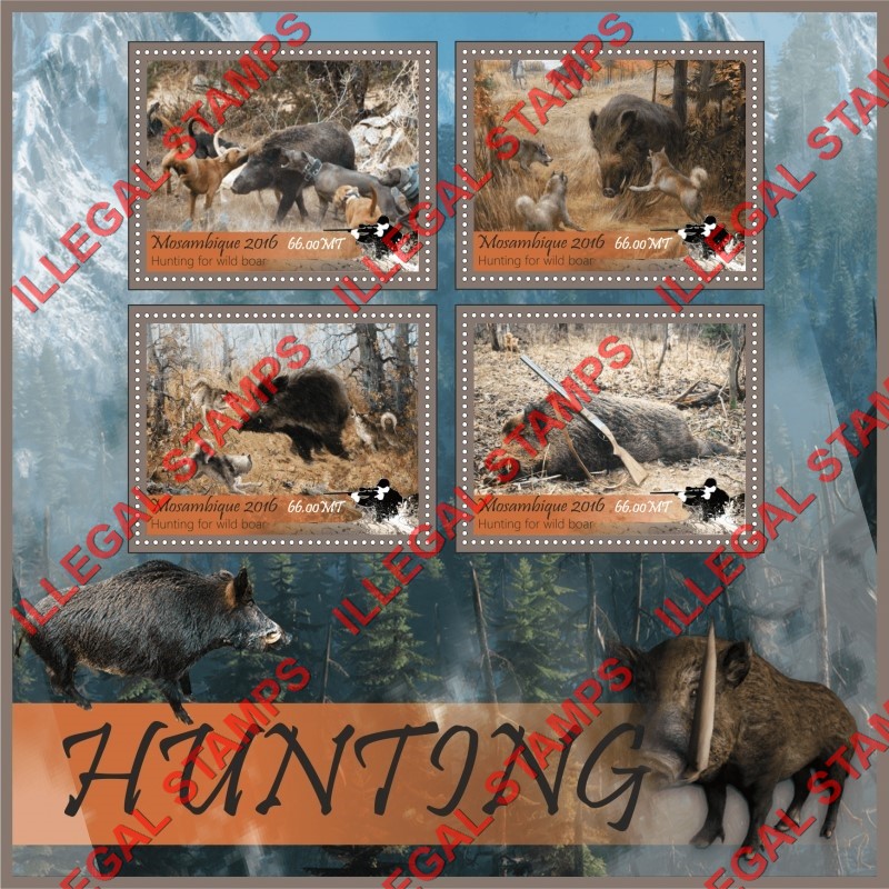 Mozambique 2016 Hunting Wild Boar Counterfeit Illegal Stamp Souvenir Sheet of 4 Mozambique 2016 Hunting Wild Boar Counterfeit Illegal Stamp Souvenir Sheet of 4