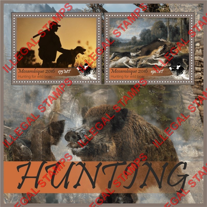 Mozambique 2016 Hunting Wild Boar Counterfeit Illegal Stamp Souvenir Sheet of 2 Mozambique 2016 Hunting Wild Boar Counterfeit Illegal Stamp Souvenir Sheet of 2